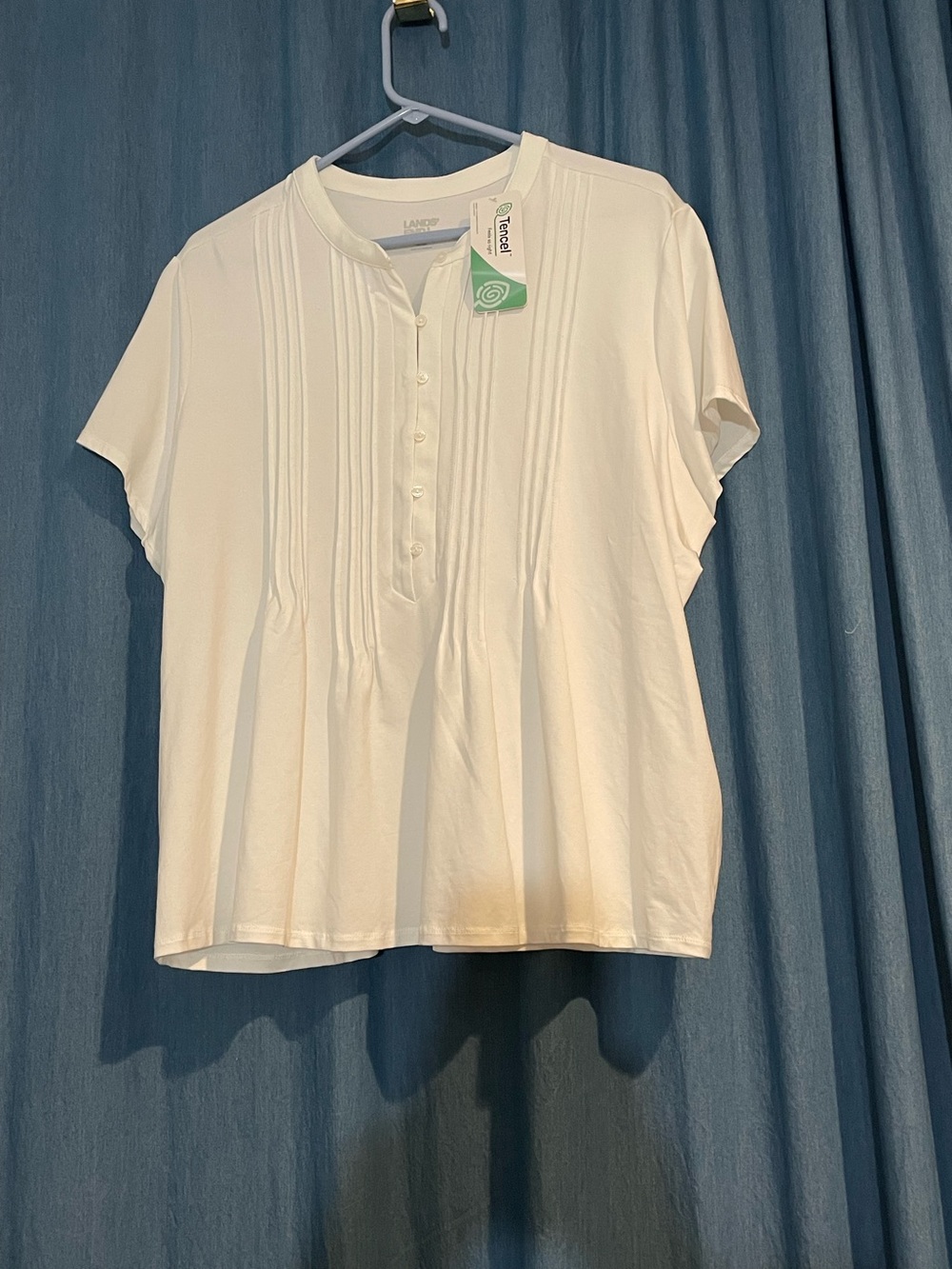 Lands’ End Women’s White Pintuck Henley Top Tencel Short Sleeve Blouse Plus 1X